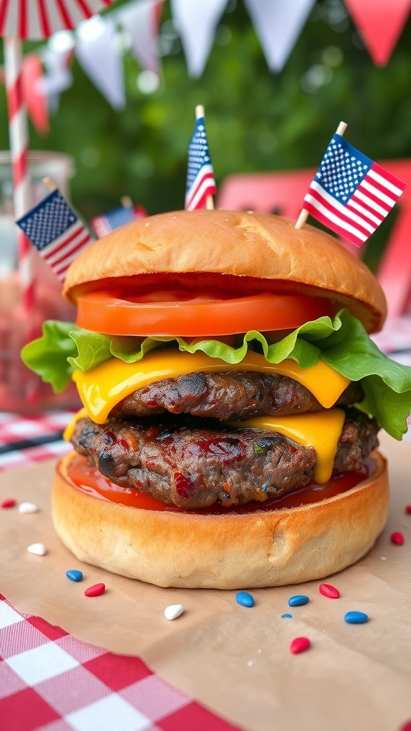 Patriotic 4th of July Hamburgers A delicious hamburger with cheese, lettuce, and tomato, decorated for 4th of July with American flags.